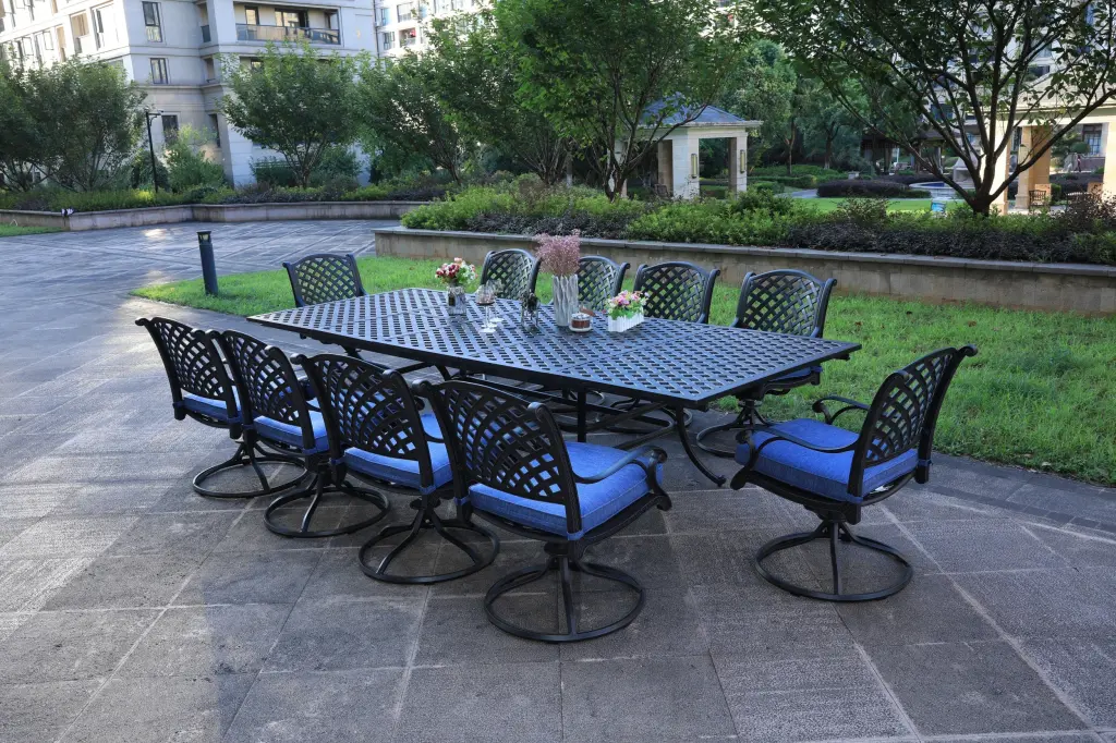 Rectangular 10 Person 126.38 Inch Long Dining Table Set Navy Blue Cushions gathercraft