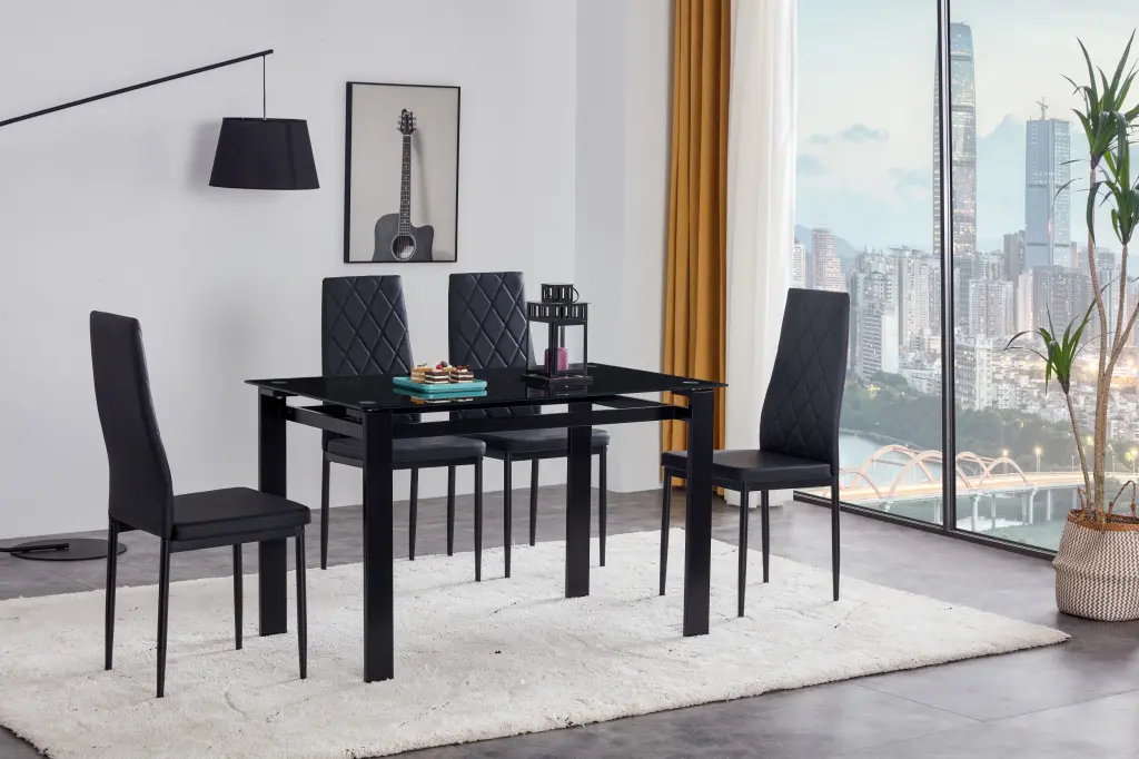 5 Piece Dining Table Set Dining Table And Chair Black Pu Glass Top jws-w241