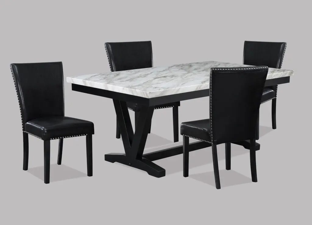 White Faux Marble Black Finish Dining Table Set Black Faux Leather Upholstered Chairs kanepe