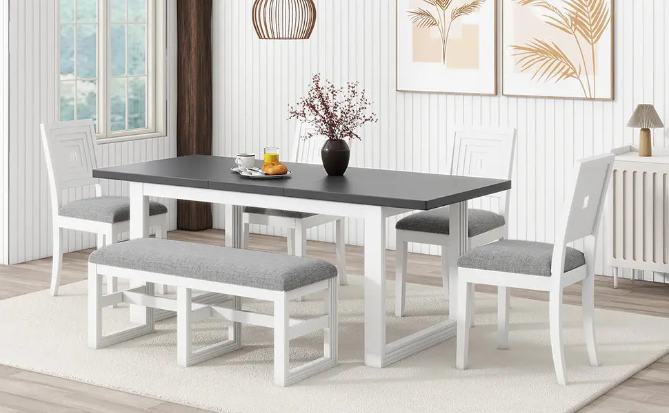 Modern 78 Inch 6 Piece Extendable Dining Table Set 4 Upholstered Chairs rnb