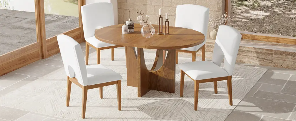 Modern 5 Piece Extendable Round Dining Table Set 16.2Inch Leaf rnb