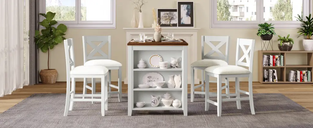 5 Pieces Counter Height Rustic Farmhouse Dining Room Wooden Bar Table Set rnb