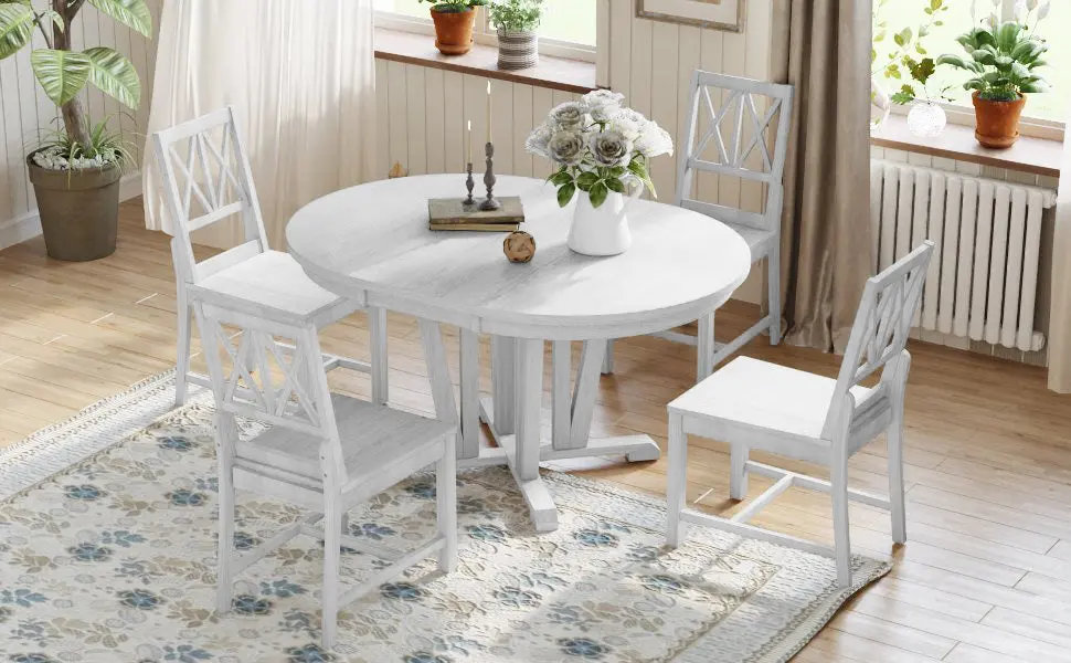 Rustic 5 Piece Extendable Round Dining Table Set Trestle Base and 4 Chairs rnb