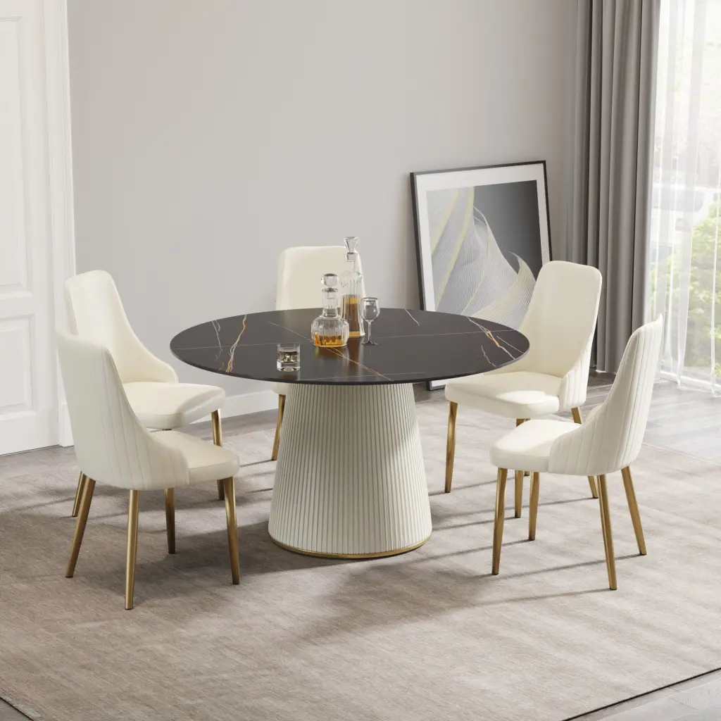53.15 Inch Modern Black Artificial Stone Round Dining Table Beige Plywood PU Base atunus