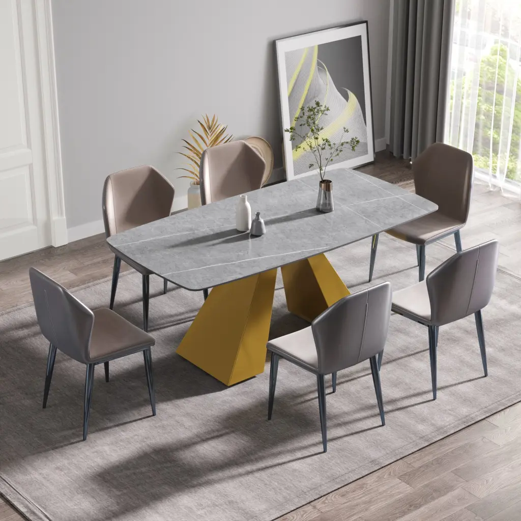 70.87 Inch Modern Artificial Stone Gray Curved Golden Metal Leg Dining Table atunus