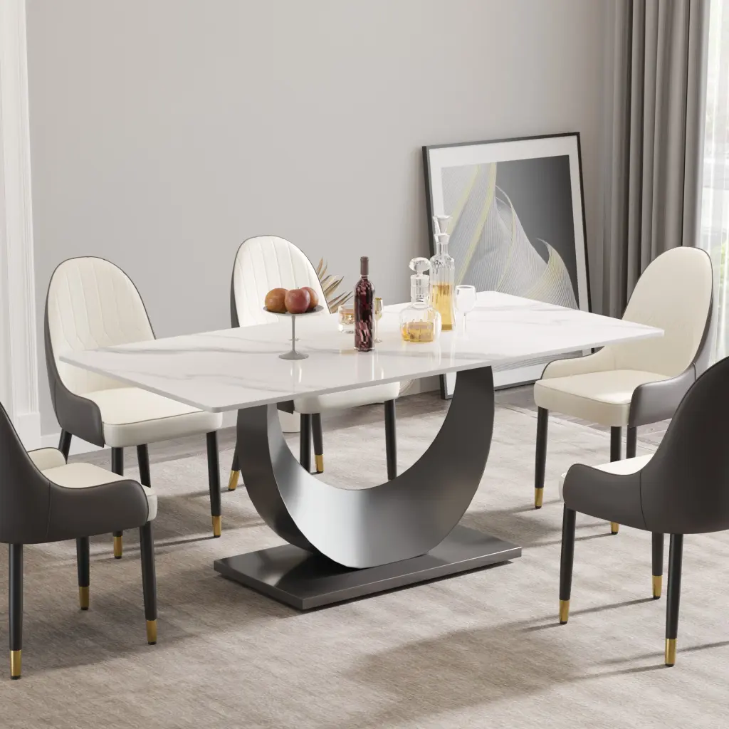 70.87 Modern Artificial Stone White Crescent Influenced Black Metal Legs Dining Table atunus