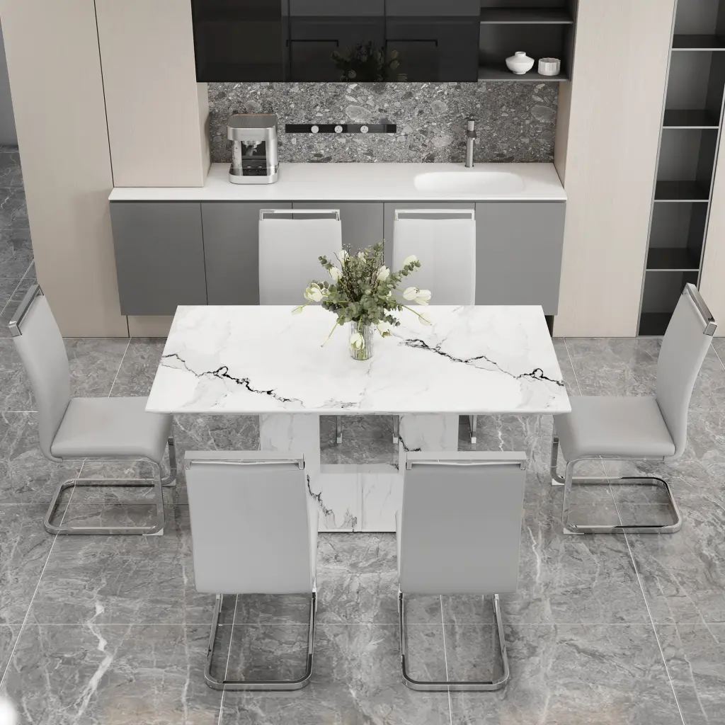 Effortless Dining Table White Marble Pattern 6 Person Dining droom w-1151