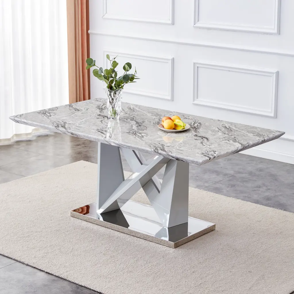 Modern Grey Mdf Faux Marble Dining Table White Double V Influenced Base droom w-1151