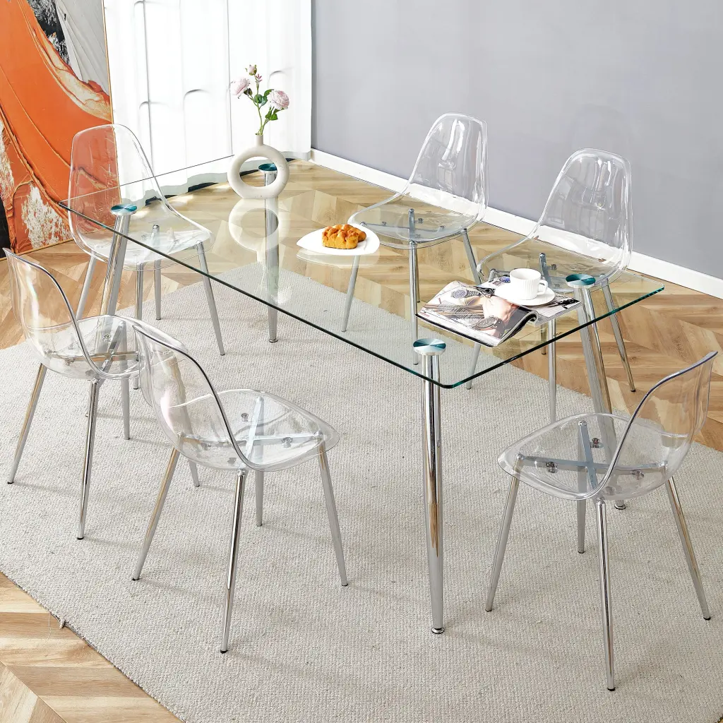 Modern Rectangular Glass Dining Table Tempered Chair Set droom w-1151