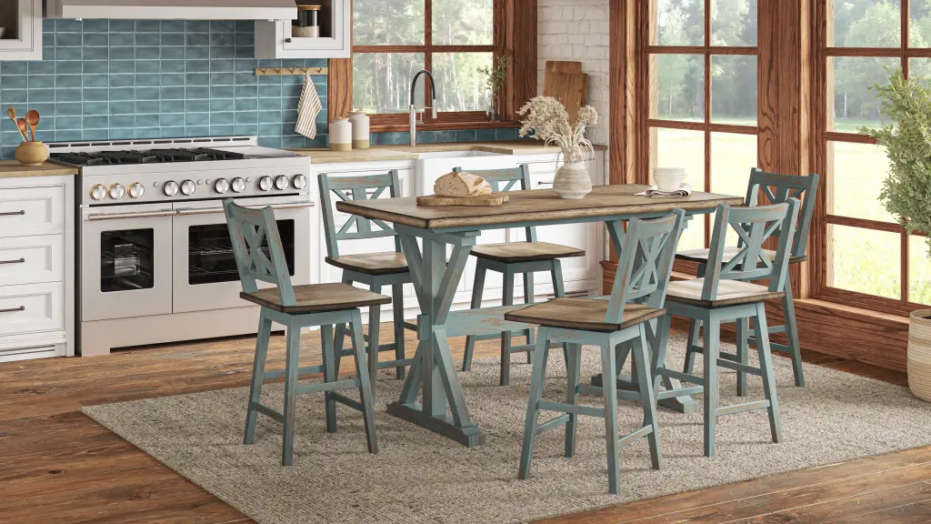 X Based Counter Height Casual Dining Table Aqua Blue Solid Wood MDF ihomefurnishings