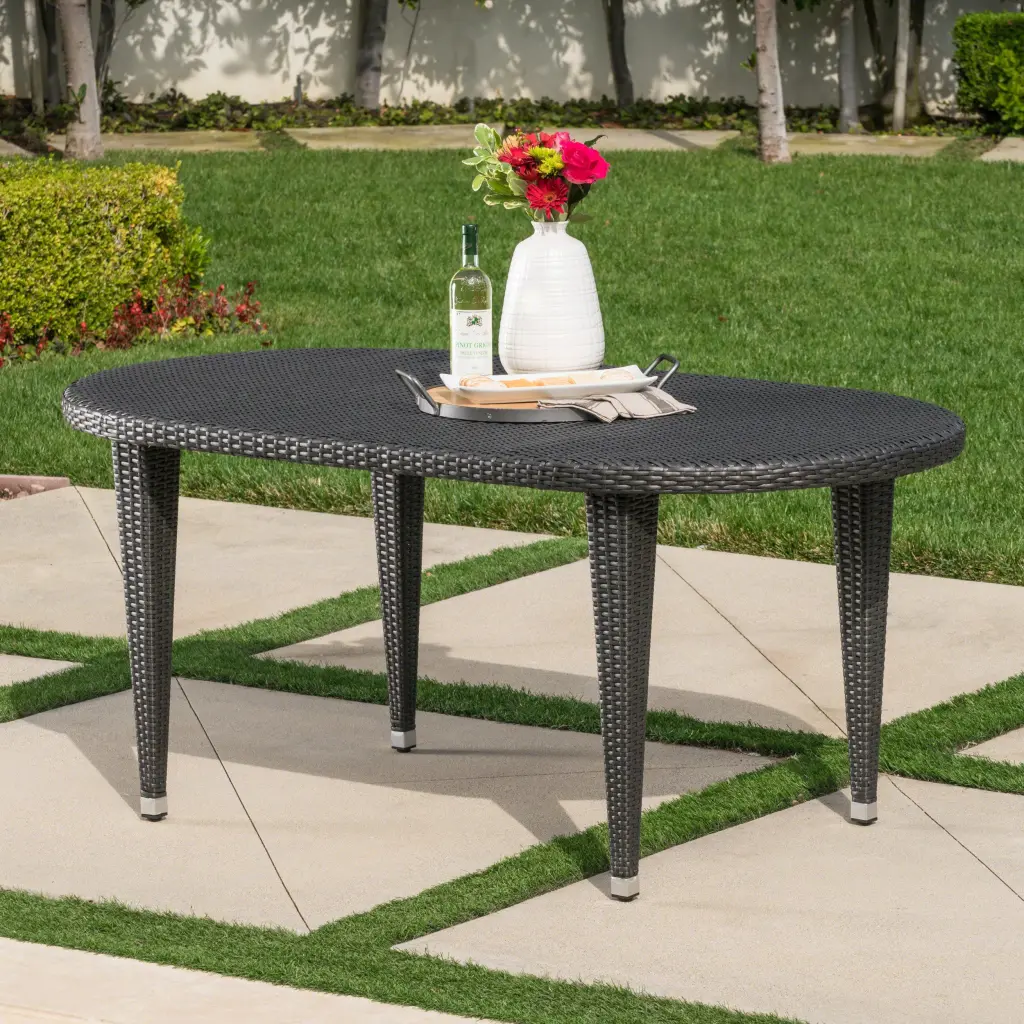 Dominica 6 Foot Oval Dining Table Grey PE Rattan Iron Base Outdoor Dining Table nh-cloudhouse
