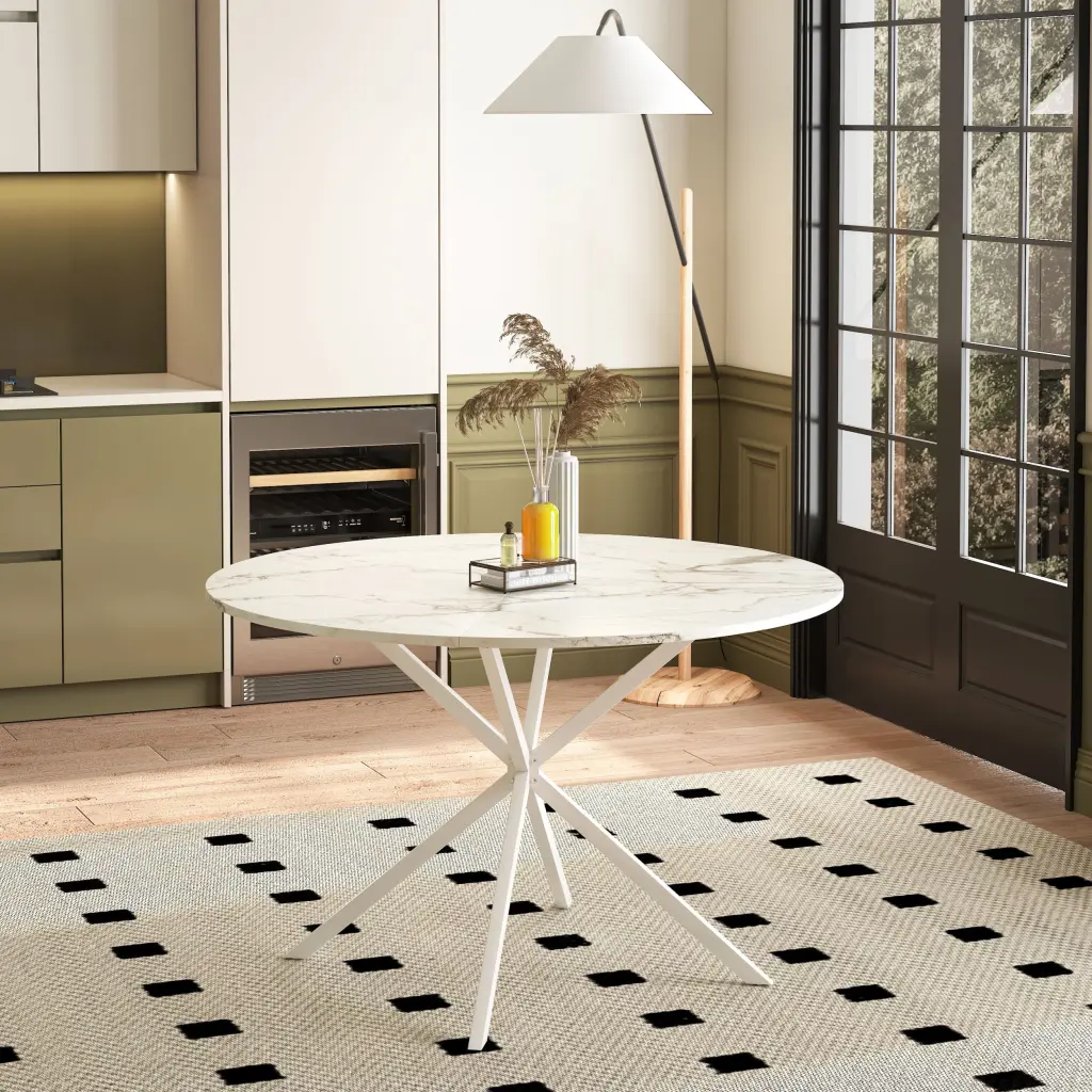 47.24 Inch Modern Cross Leg Round Dining Table White Marble Top rnb