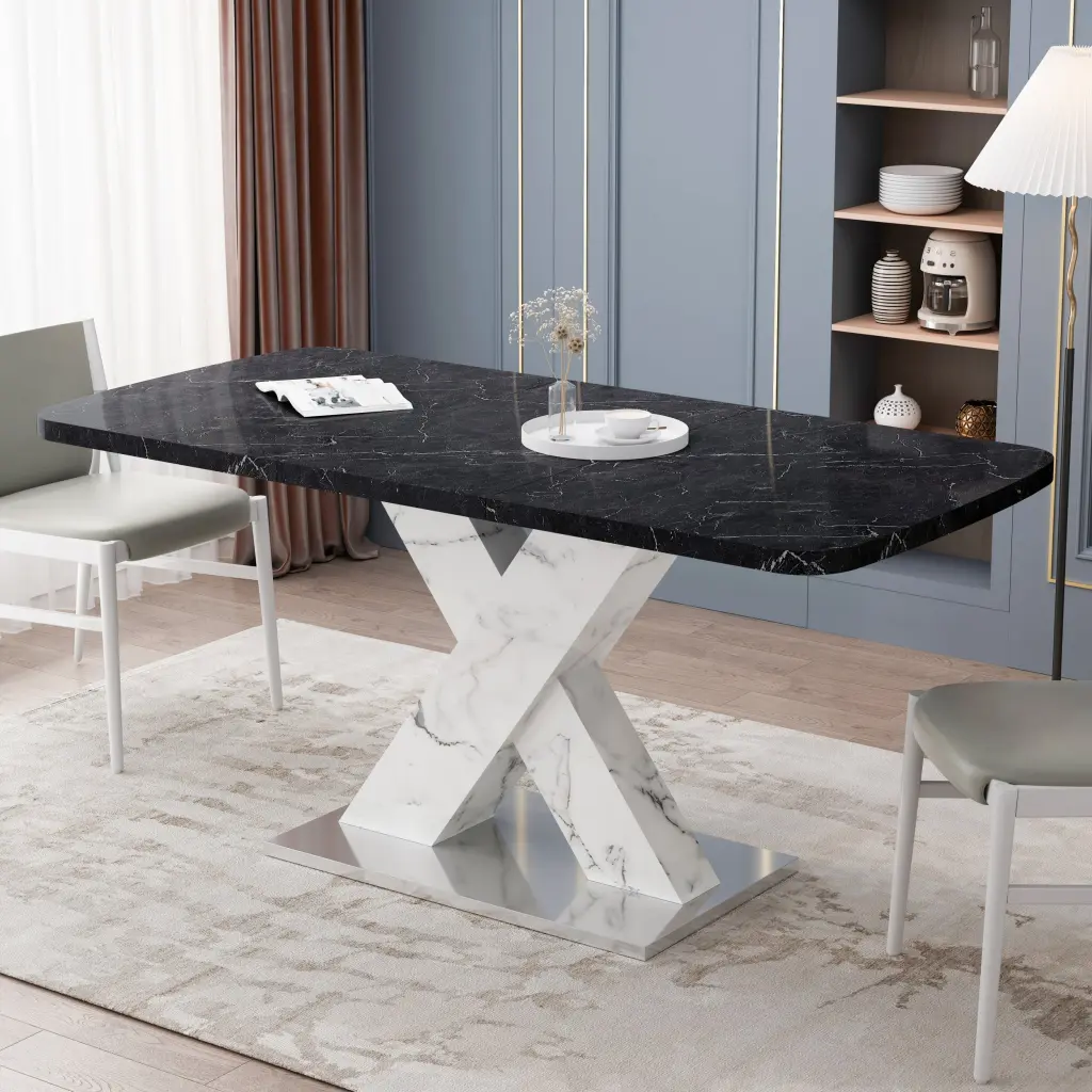 Modern Square Dining Table Stretchable Printed Black Marble Table Top spribung