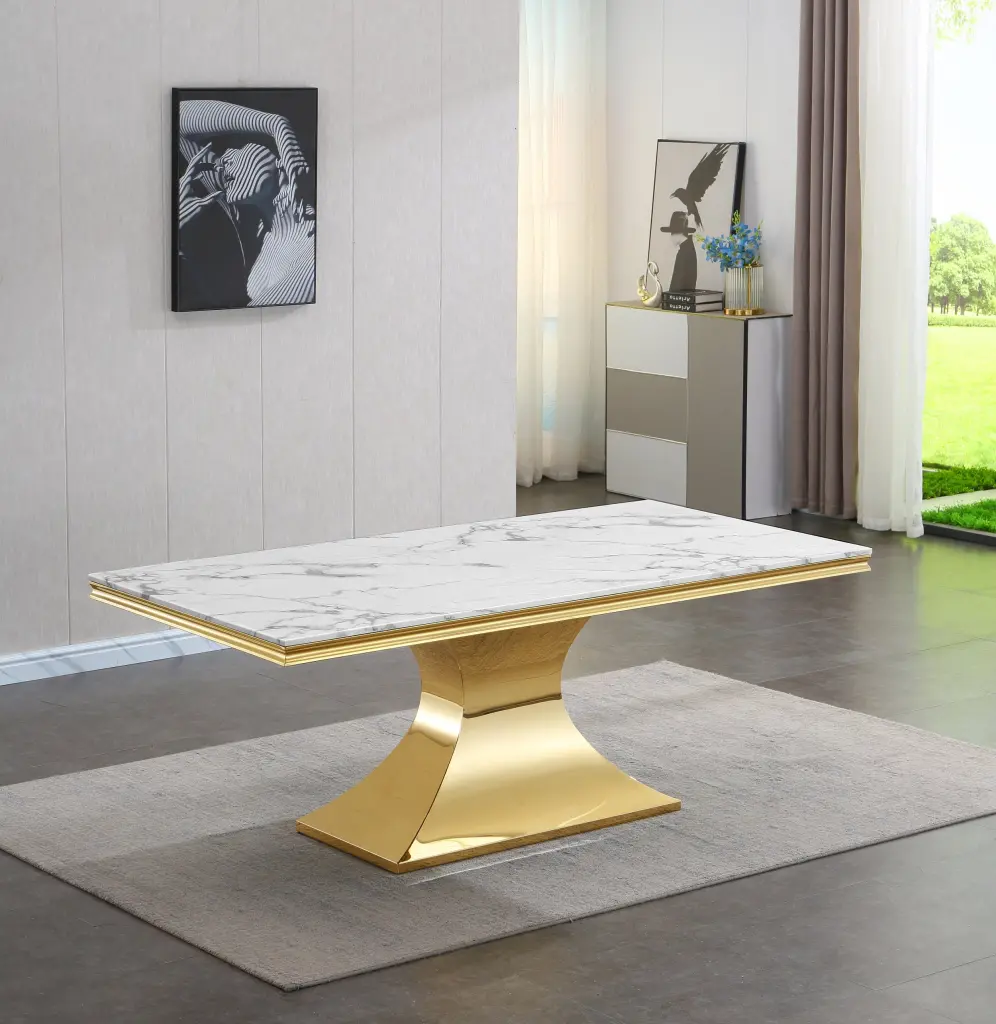 Opulent Design Marble Rectangular Dining Table Gold Mirrored Finish w1241 artisan furniture