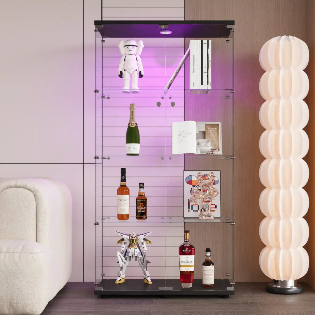 Two Door LED Lights Glass Presentation Cabinet 4 Shelves Floor Standing fly