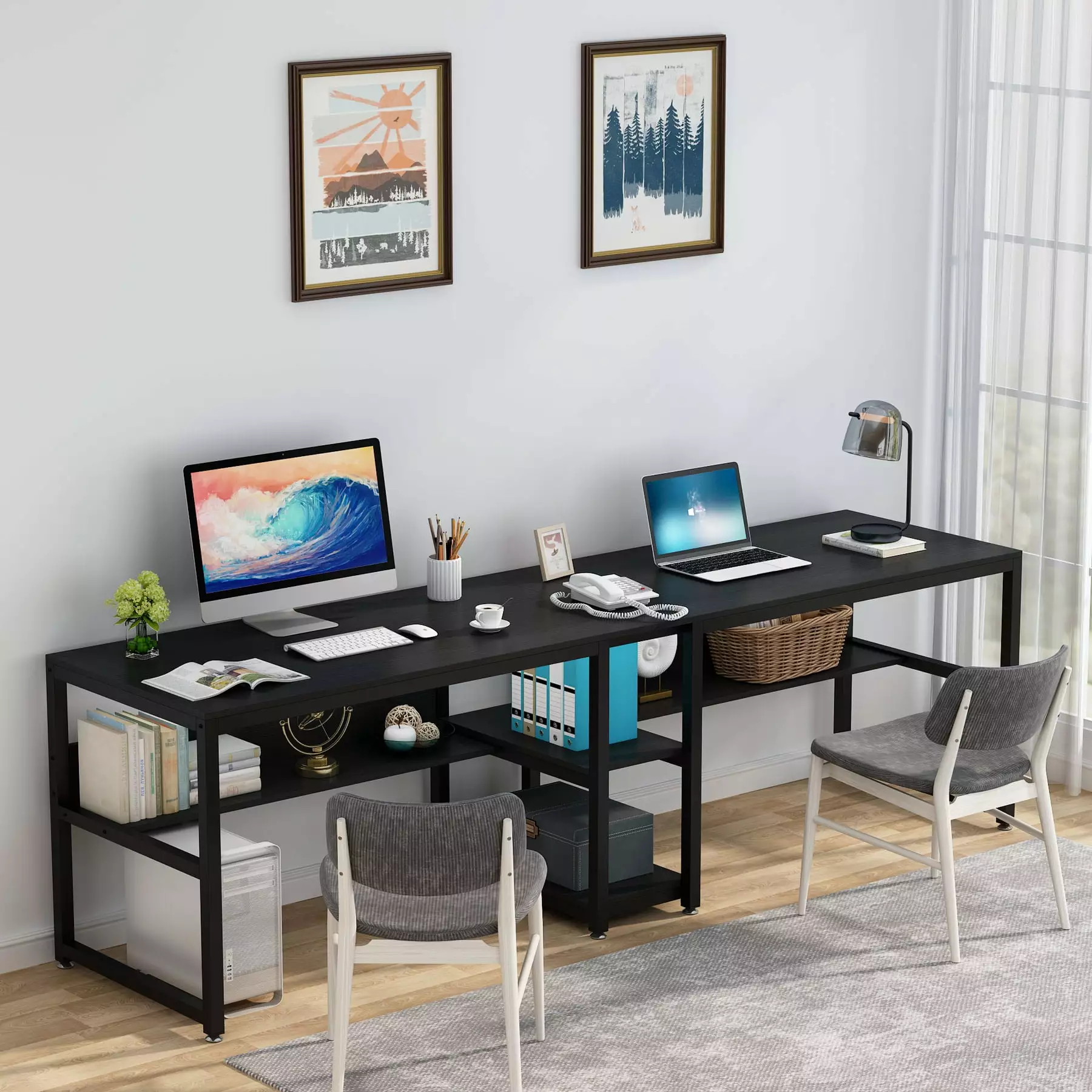 Tribesigns Two Person Desk 78.7 Inches Double Computer Office Desk Shelf Home Office Black