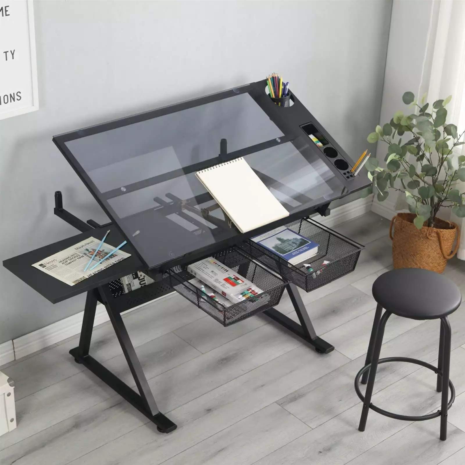 Height Adjustable Draft Drawing Desk Stool and Drawers 72 Tiltable Glass Top PKEOTXP