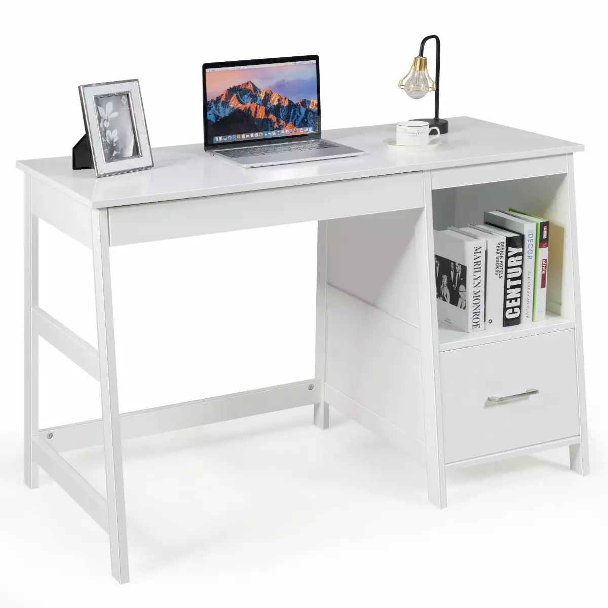 Costway 47.5'' Computer Desk Trestle Desk Shelf & 2 Drawers - Writing Study Workstation