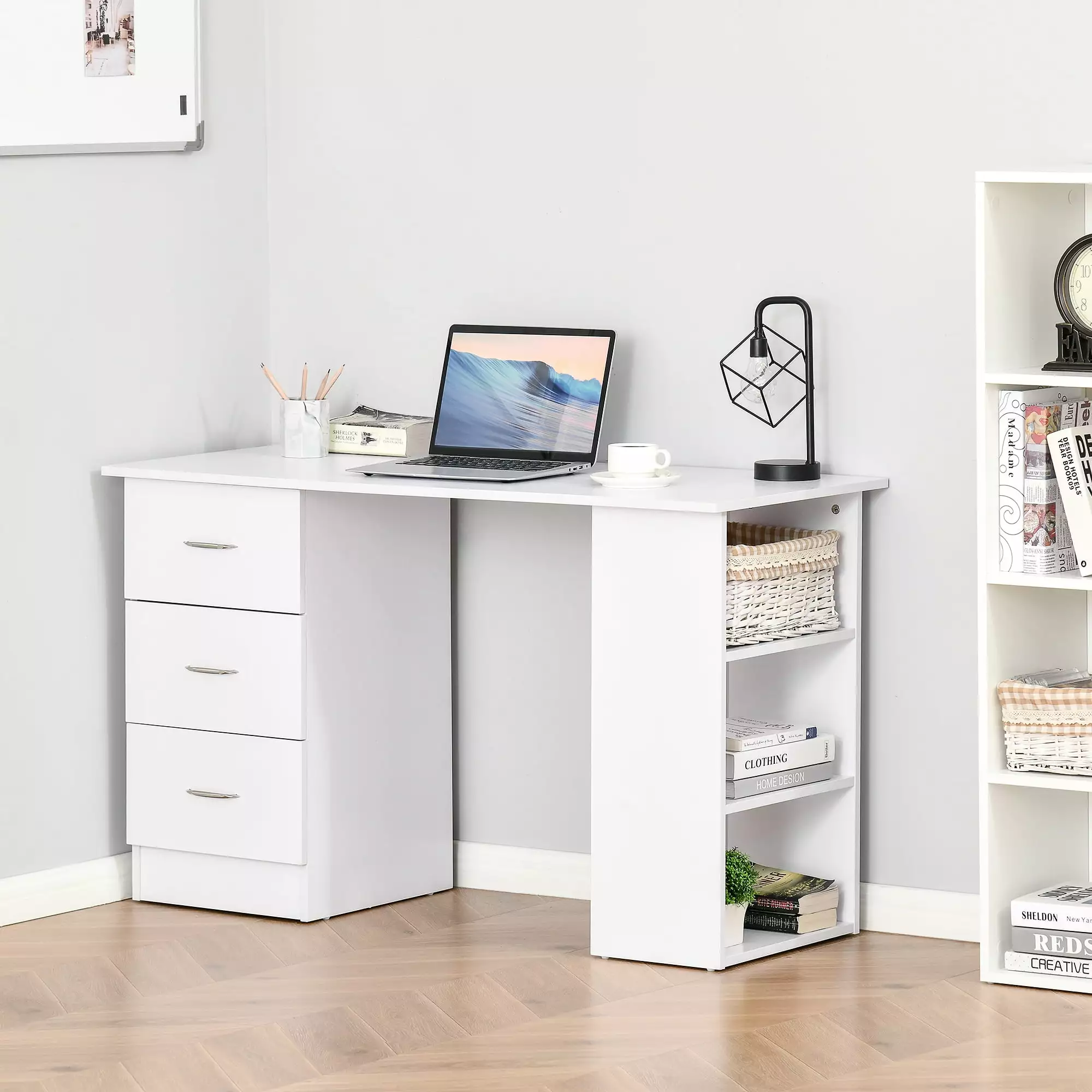 HOMCOM 47 Modern Home Office Computer Desk Bookcase Combo 3 Drawers and Storage Shelf - White