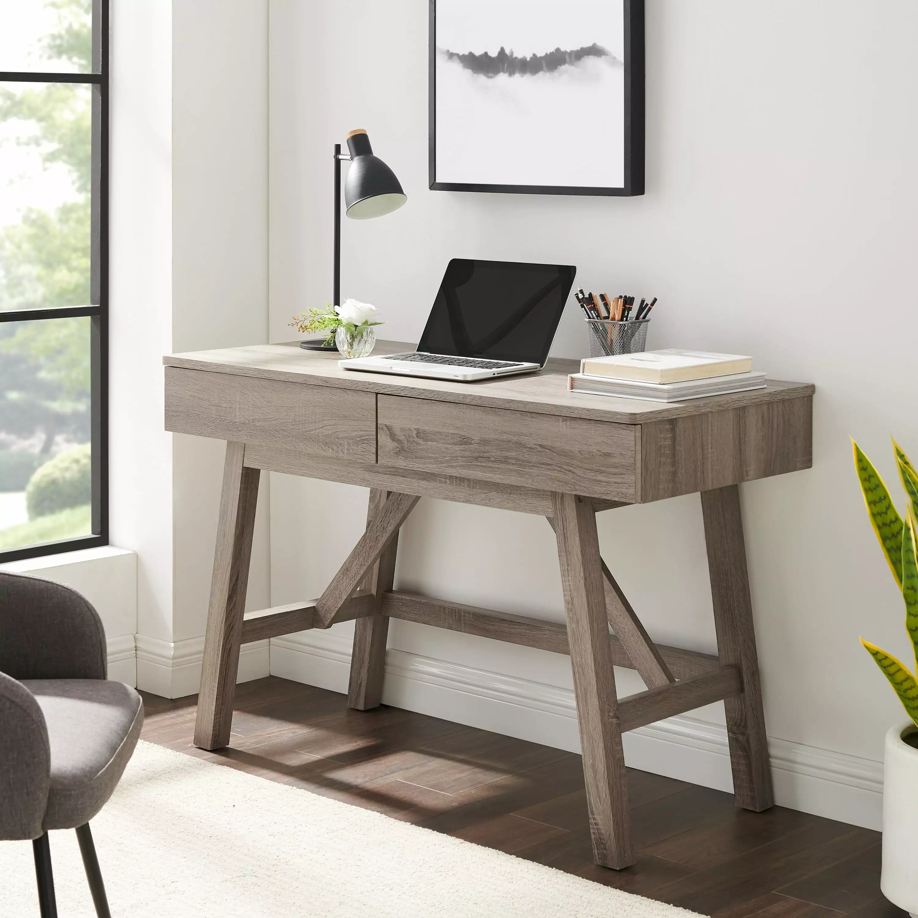 Linon Myrtis 47 Inch Wide 2-Drawer Desk Gray Finish
