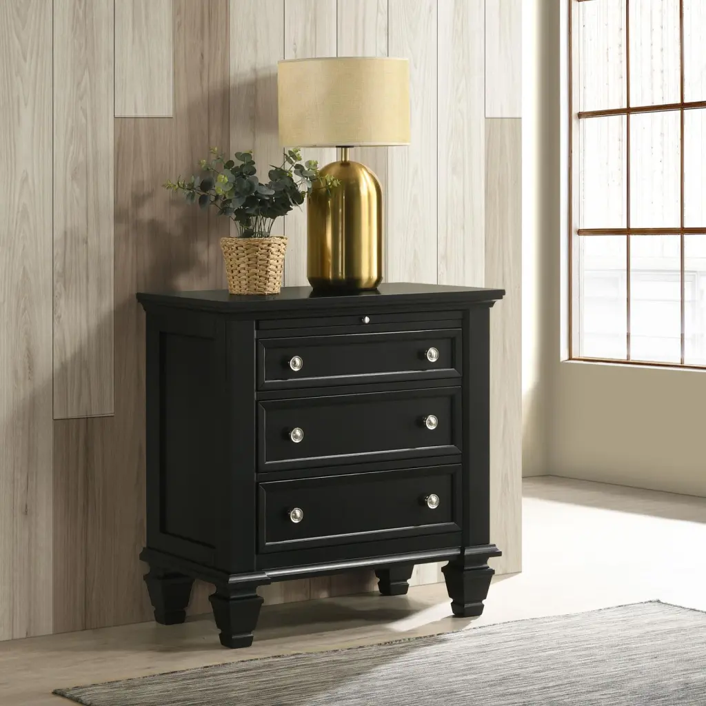 Black 3 Drawer Nightstand Pull Out Tray Bedroom Dresser Storage Furniture furniture max