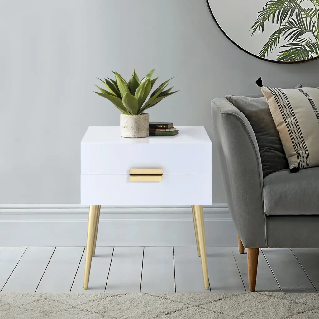 White and Gold Side Table 2 Drawers Living Room Decor furniture max