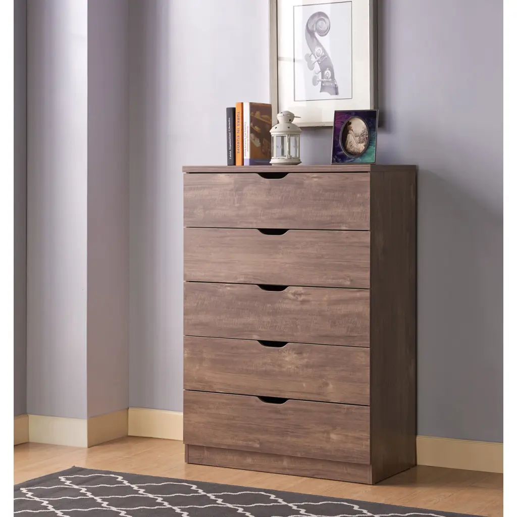 Modern Five Drawer Clothes and Storage Chest Cabinet Cutout Handles Bedroom Organization id international- inc.