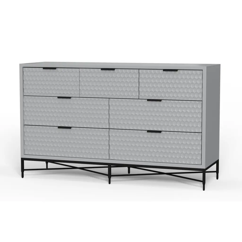 Rexi 56 Inch 7 Drawer Dresser Honeycomb Mahogany Wood Light Gray royal hampton
