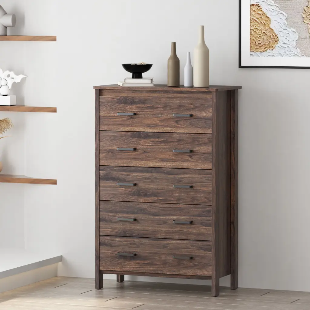 Tool-less Assembly 5 Drawer Chest Brown MDF Bedroom Storage Dresser nh-sunfay