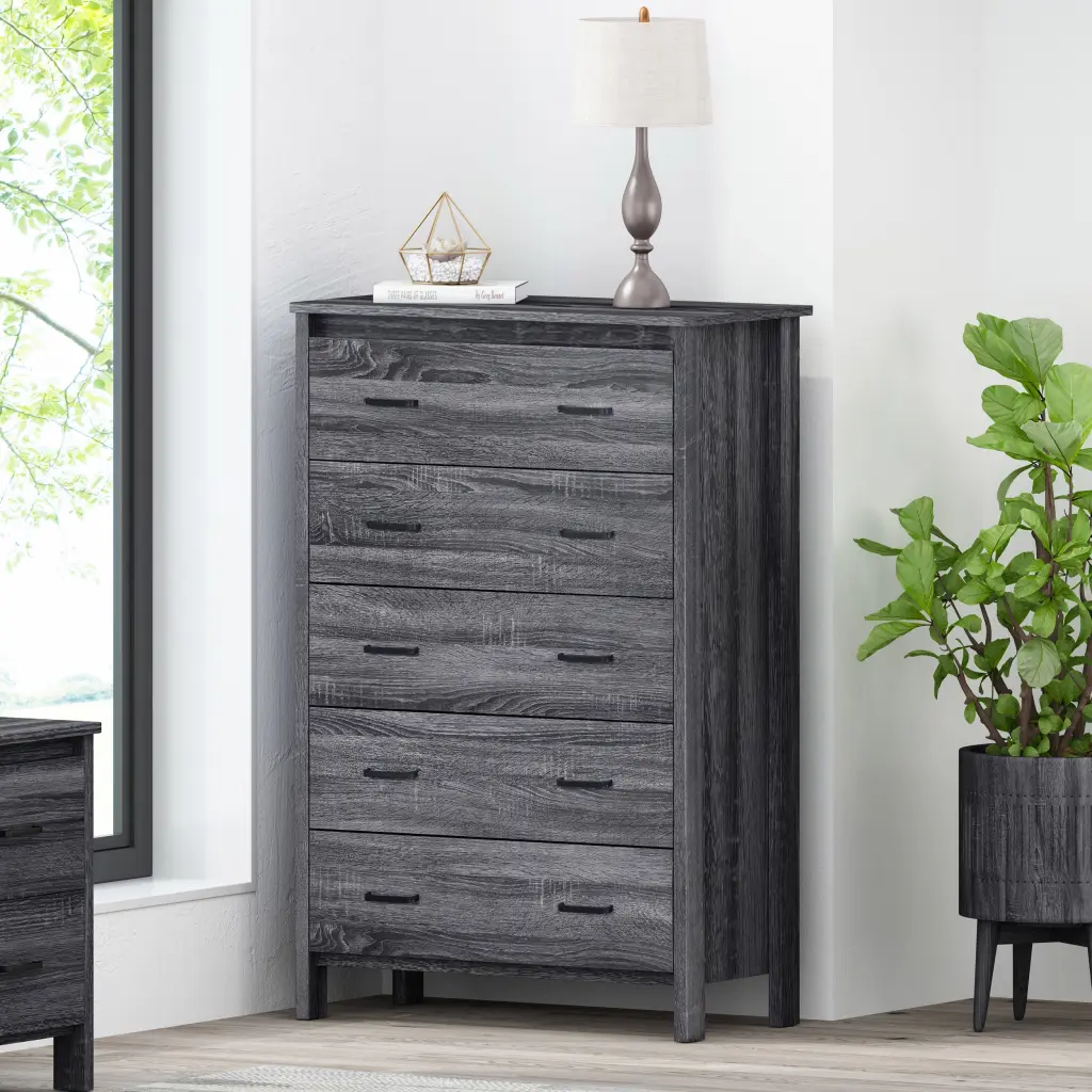 Tool-less Assembly 5 Drawer Chest Dark Grey MDF Bedroom or Office nh-sunfay