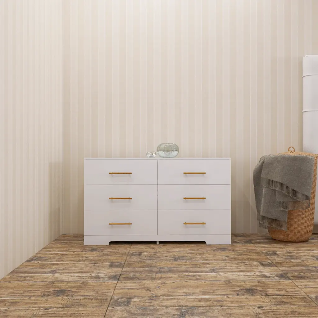 White Large 6 Drawers Chest Drawers Dresser Table Golden Handles zr furniture