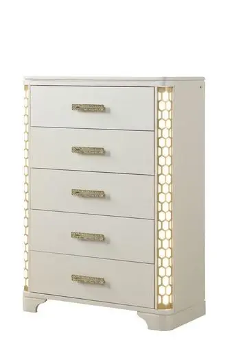 Jasmine 5 Drawer Chest LED Lighting Beige Wood Dresser Bedroom galaxy home furnishings