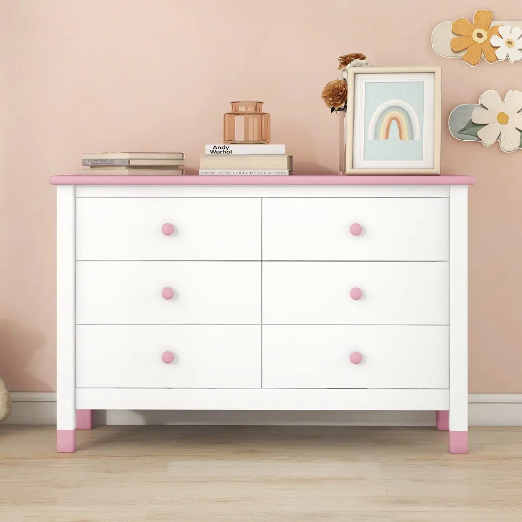 Wooden Storage Dresser 6 Drawers Storage Cabinet Kids Bedroom homey life