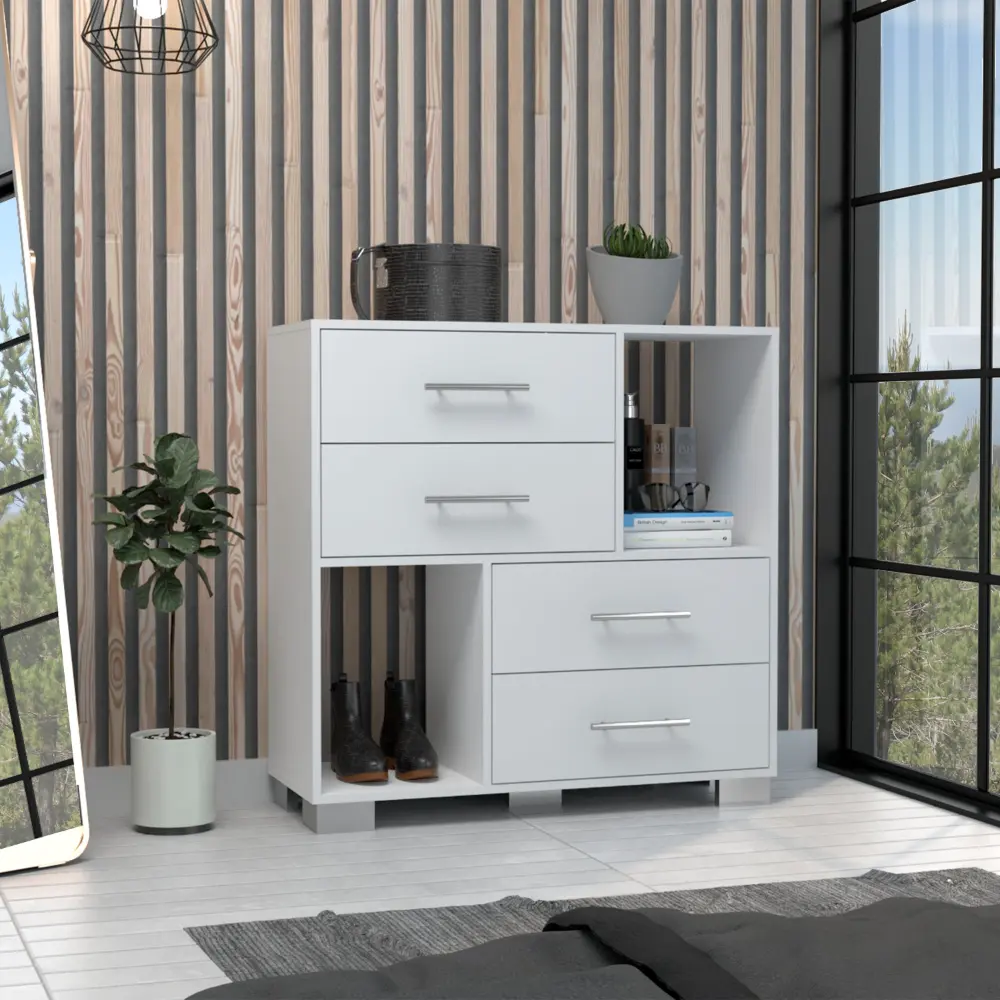 35 Inch White Dresser Two Open Shelves and Four Drawers Metal Handles rta mubles colombia
