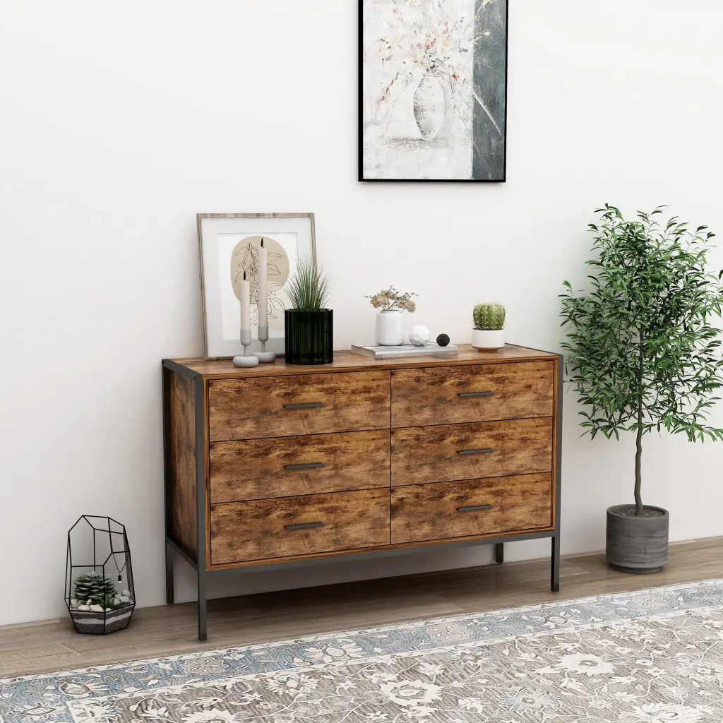 Industrial Style 6 Drawer Double Dresser Rustic Brown Wood Storage Dresser w1412 rocci houseware