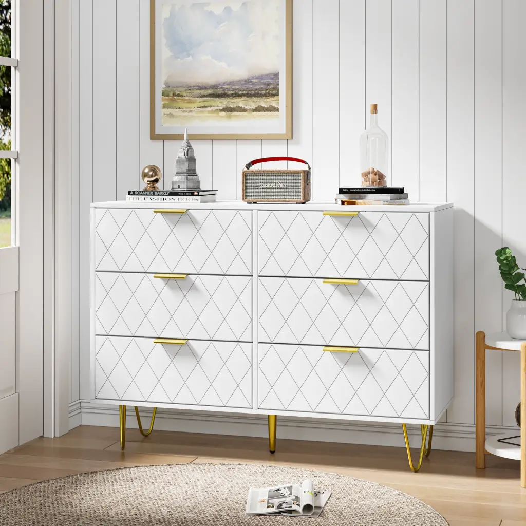 Modern White 6 Drawer Small Wooden Bedroom Dresser Gold Handles zhonglei