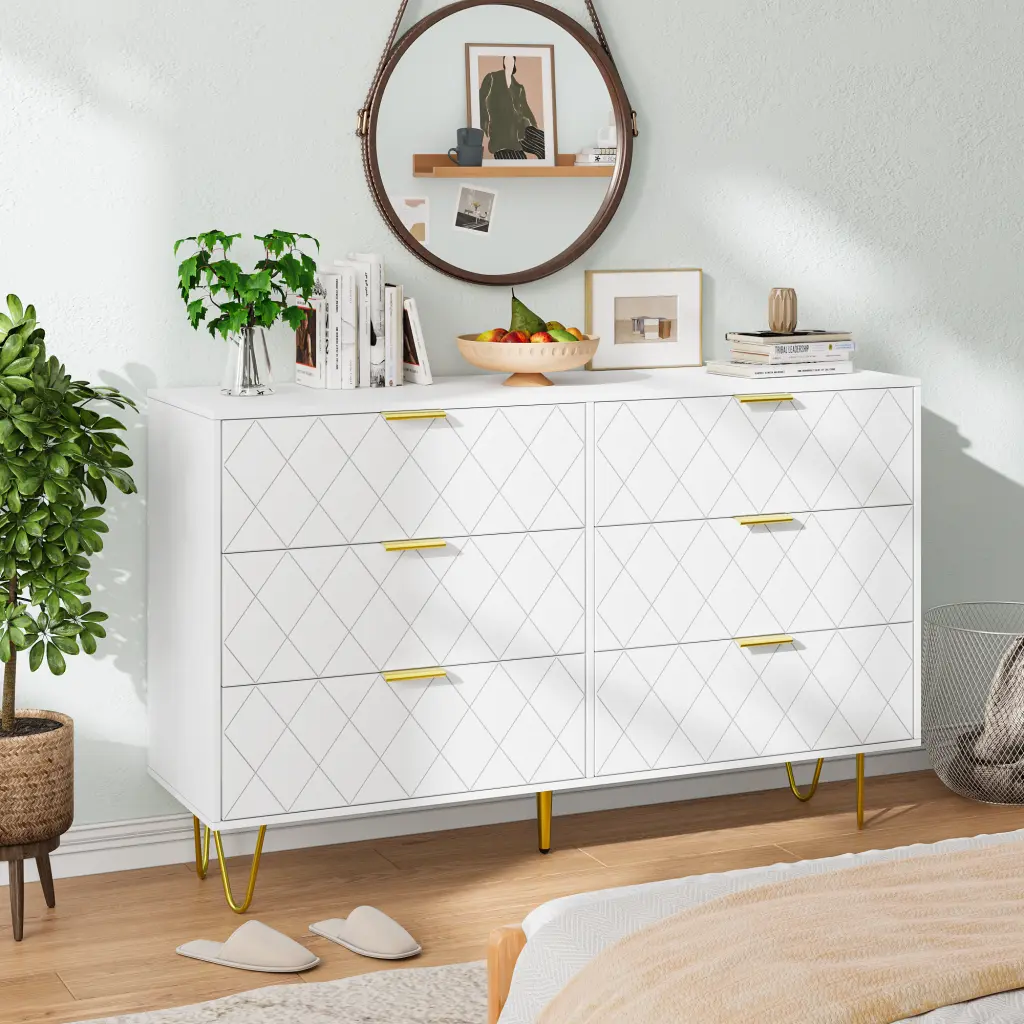 Modern White 6 Drawers Dresser Bedroom - Big Size Wooden Drawers Gold Handles zhonglei