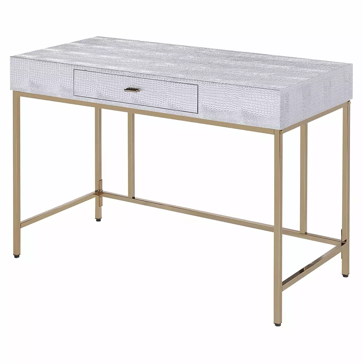 Leatherette Upholstered Vanity Desk Metal Base - Silver and Gold Saltoro Sherpi Makeup Table Acme Furniture