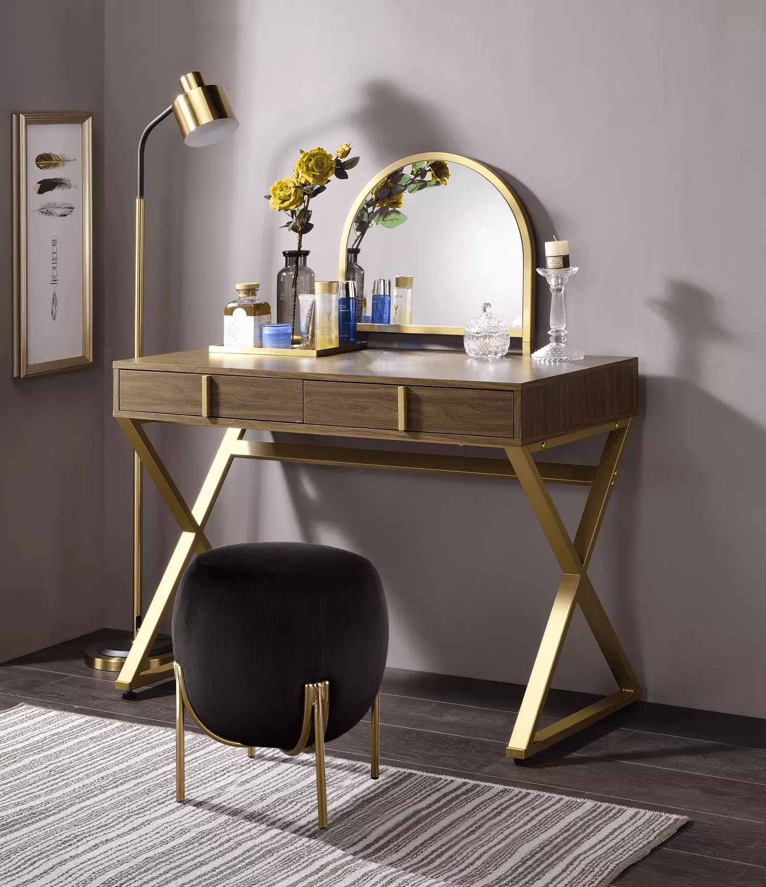 CoSoTower Vanity Desk Mirror & Jewelry Tray Walnut & Gold Finish