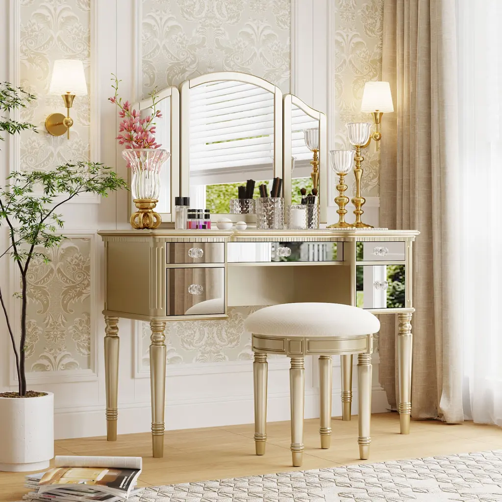 43-Inch Dressing Table Set Mirrored Drawers and Stool, Tri-Fold Mirror go