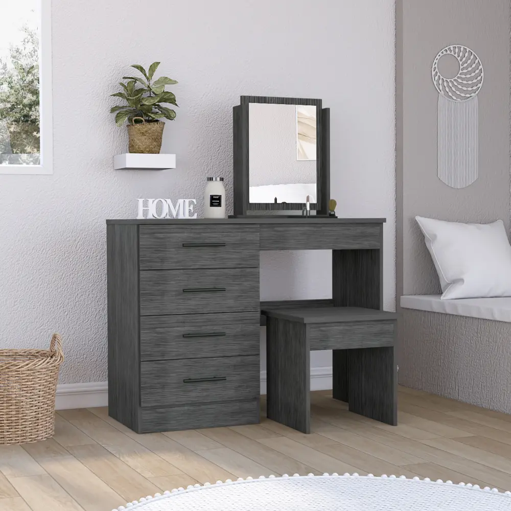 Kaia Makeup Vanity Mirror and Stool - Smokey Oak Gray Dressing Table Drawers tuhome