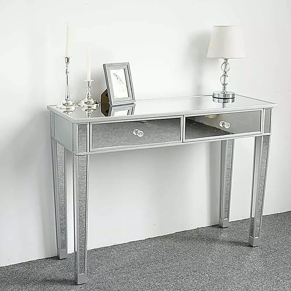 UBesGoo Mirrored Writing Desk Vanity Dressing Table Desk 2 Drawers Silver Glass Finish
