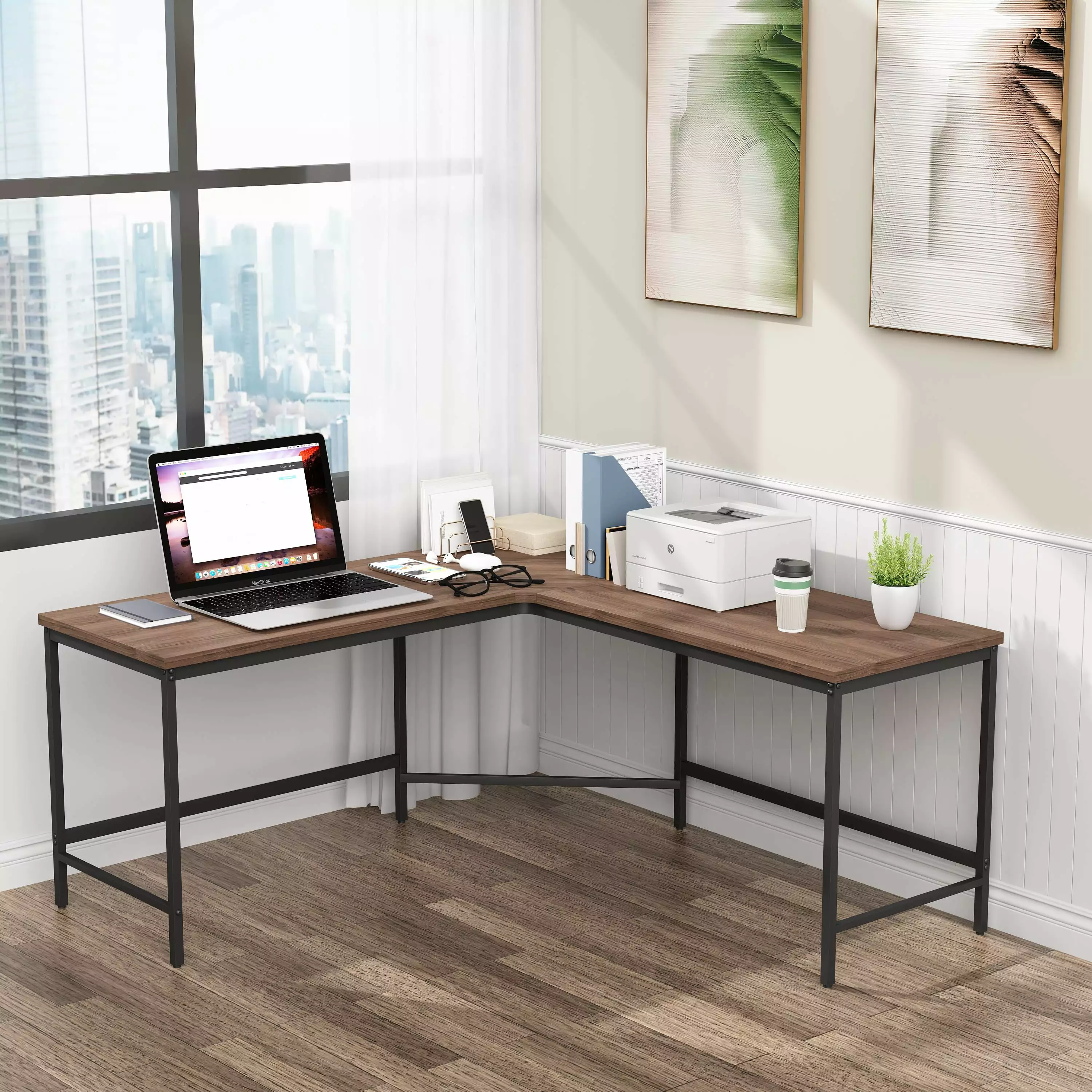 Andeworld L Shaped Corner Computer Desk 57.2 inch 2 Person Office Gaming Desk Workstation