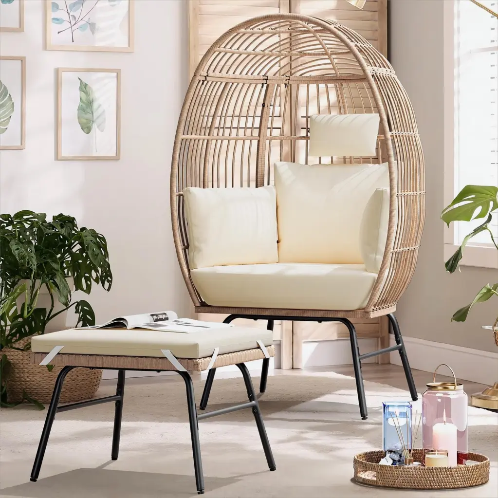 Outdoor Garden Wicker Egg Chair And Footstool Patio Chaise Cushions tenway