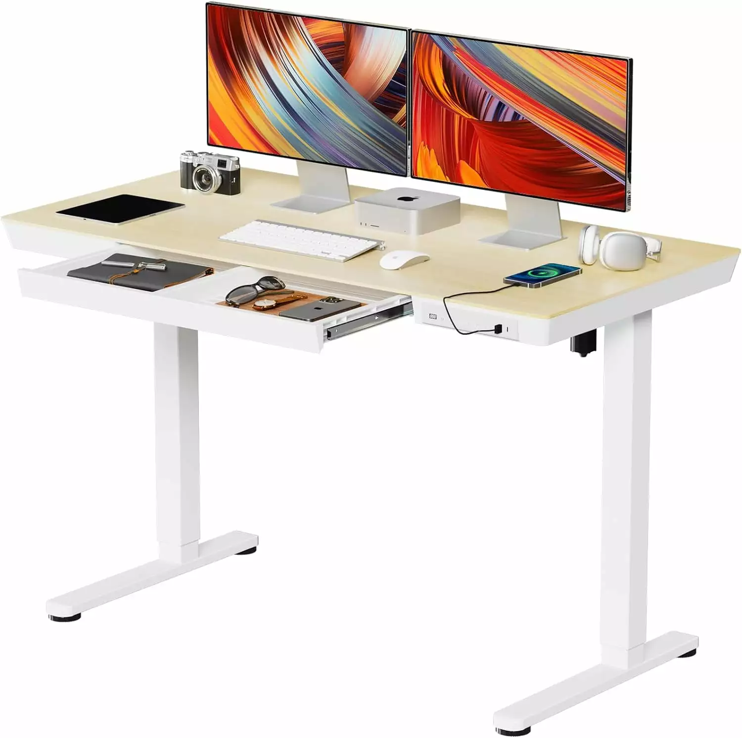 Electric Standing Desk Drawers 48 Inches Adjustable Height Sit Stand Desk Light Wood JYLH JOYSEEKER