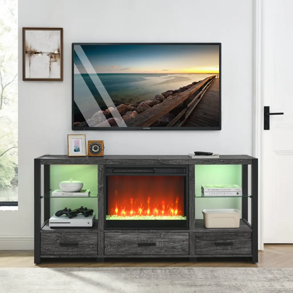 60 Inch Electric Fireplace Media TV Stand Sync Colorful LED Lights Entertainment Center cambridge electrical manufacturing