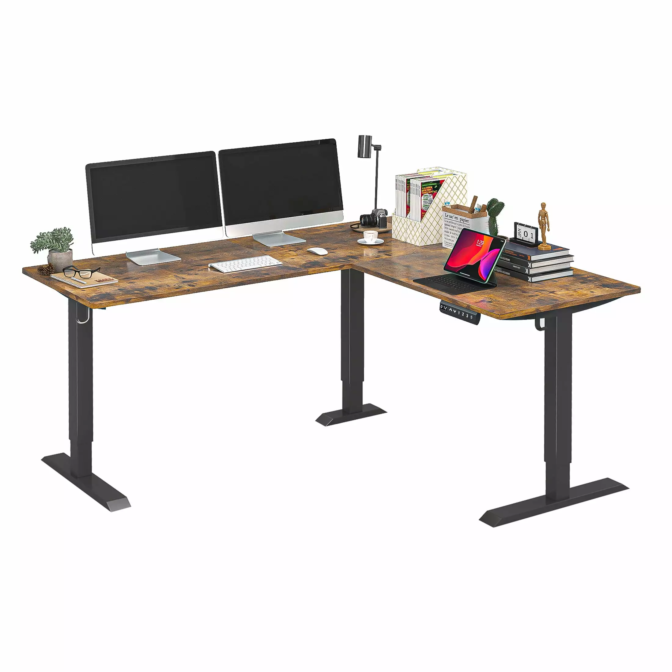 BREEZEHEAT 63 x 55.12 Shaped Electric Standing Desk Rustic Brown Top