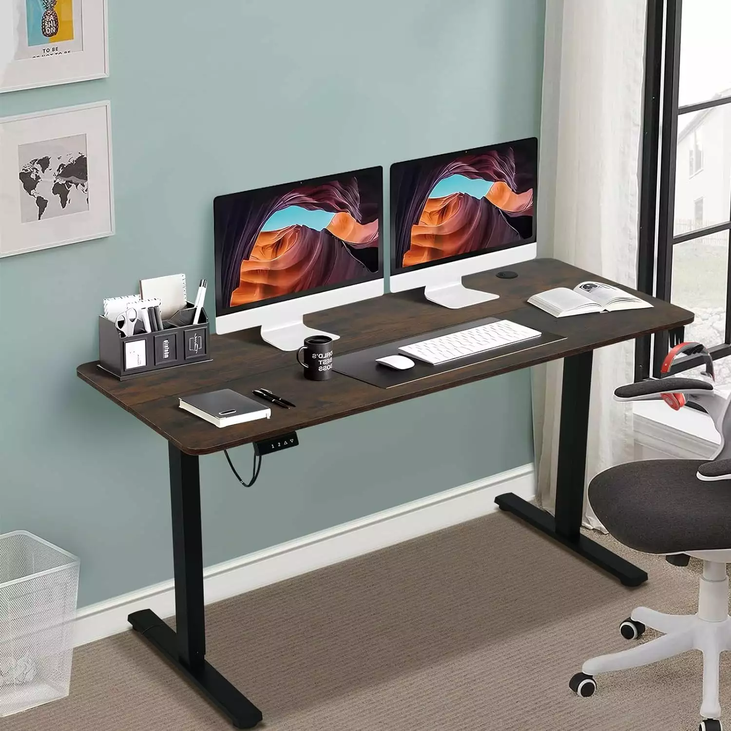 Dkelincs 48x24 Electric Height Adjustable Standing Desk Home Office Computer Desk 2 Memory Function Brown