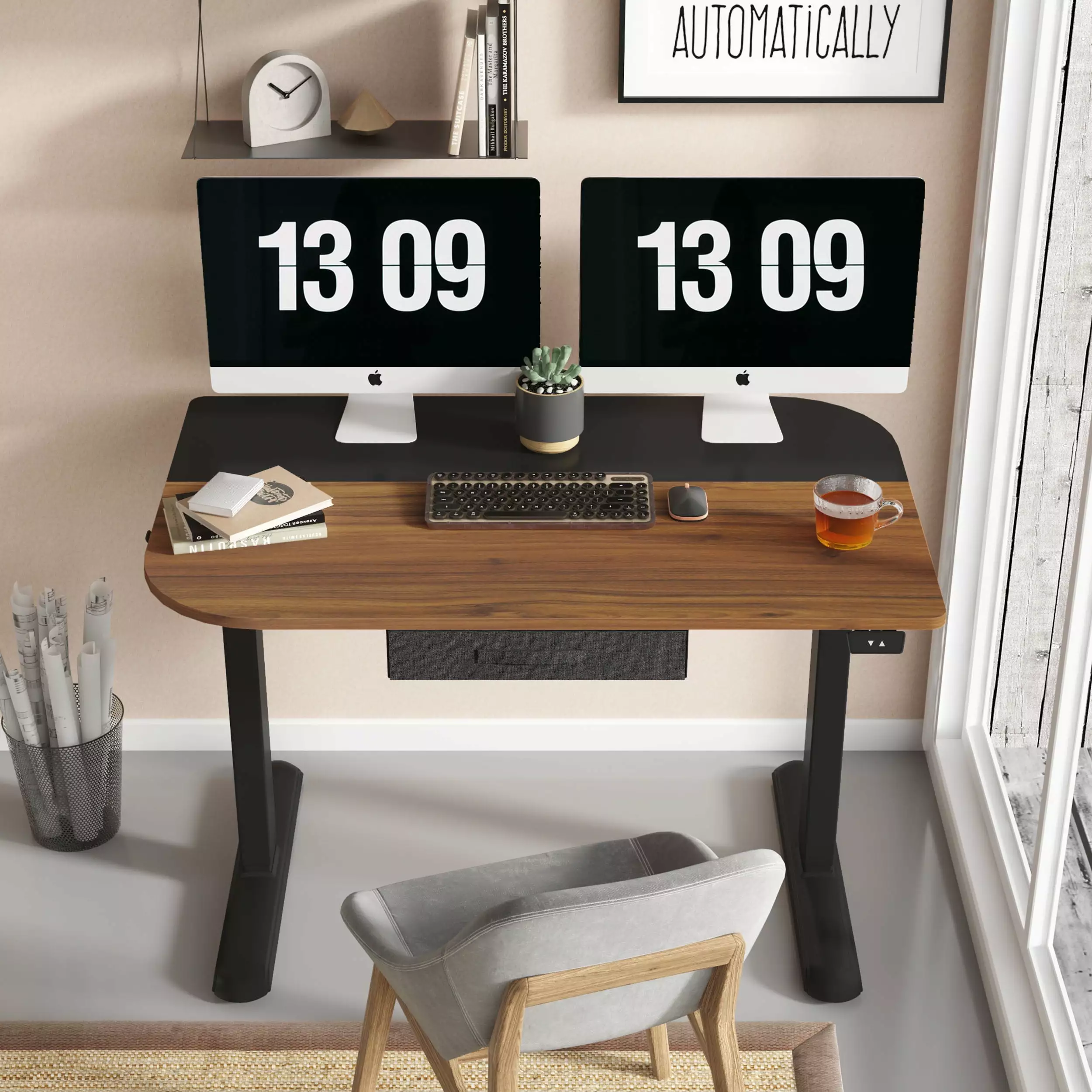 FENGE Electric Standing Desk Drawer 43.3x27.5 Inches Anti-Collision Design Brown Black