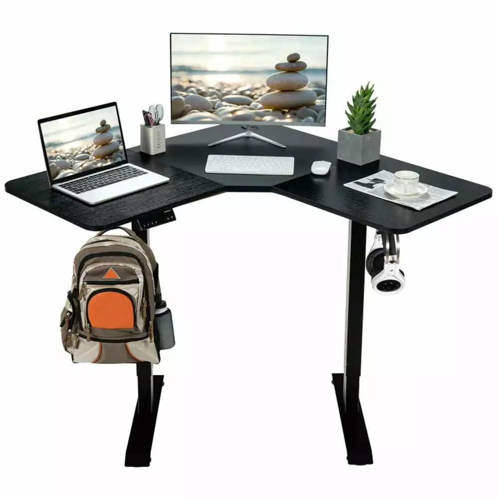 GVN L-Shaped Electric Standing Desk 4 Memory Positions LCD Display Black